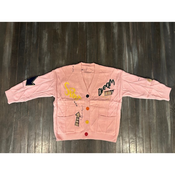 Pink Cable Knit Graphic Patchwork Cardigan Sweater Multi Color Button - Picture 2 of 3